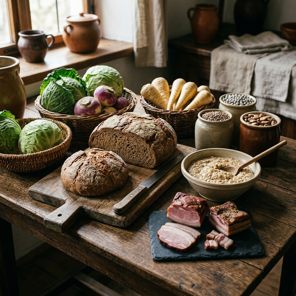 Dieta medievale: pane di segale, rape, legumi e pancetta su un tavolo di legno