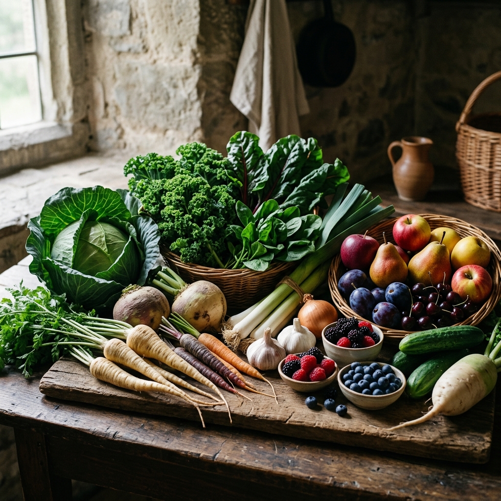 Verdure e frutta medievali: cavoli, rape, pastinache, carote, cipolle, bacche e mele.