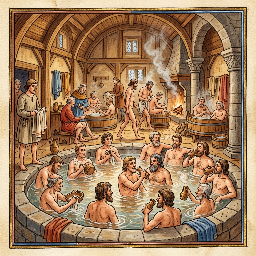 Curiosità sul Medioevo: uomini che fanno il bagno insieme in uno stabilimento termale medievale, illustrazione storica