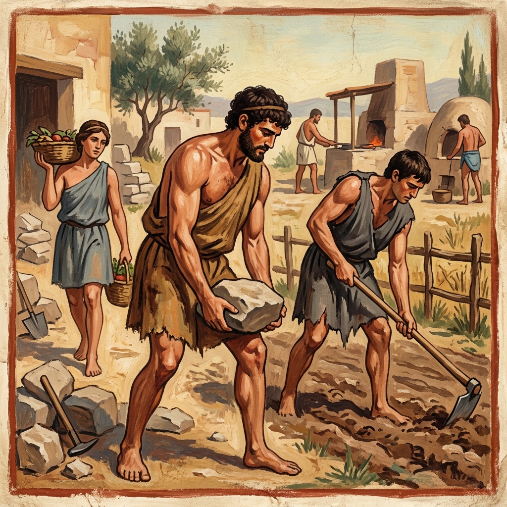 Lavoratori nell'antica Exomis – indumento antico a spalla singola che garantisce la massima libertà di movimento durante il lavoro fisico
