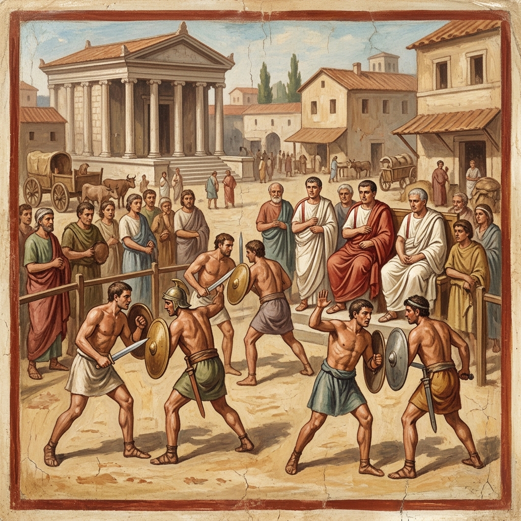 Ricostruzione storica dei primi combattimenti tra gladiatori nel Forum Boarium a Roma, 264 a.C.
