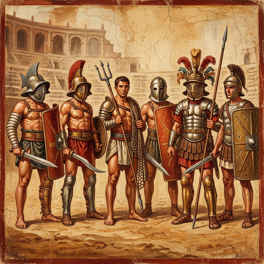 Confronto tra diverse tipologie di gladiatori: murmillo, traci, retiario e secutor in rappresentazioni antiche