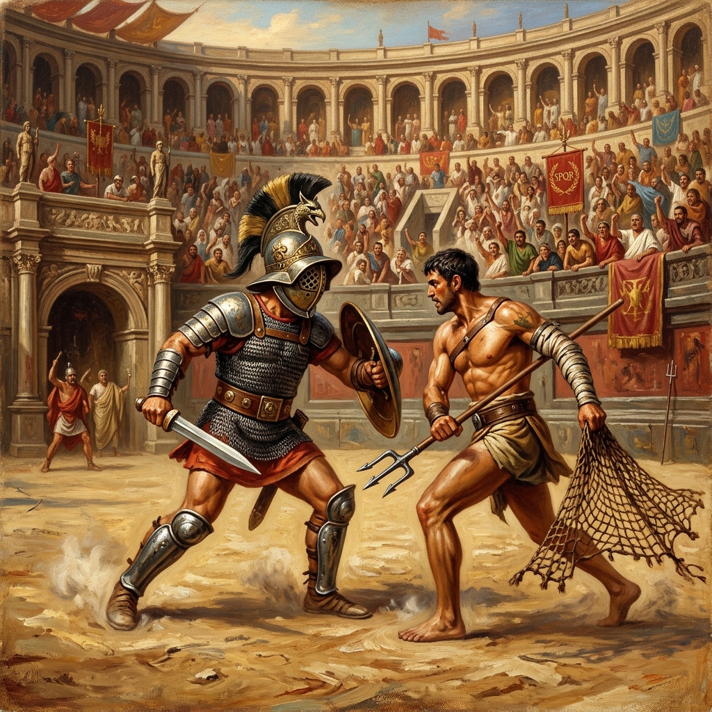 Raffigurazione storica di due gladiatori durante un combattimento nell'arena romana