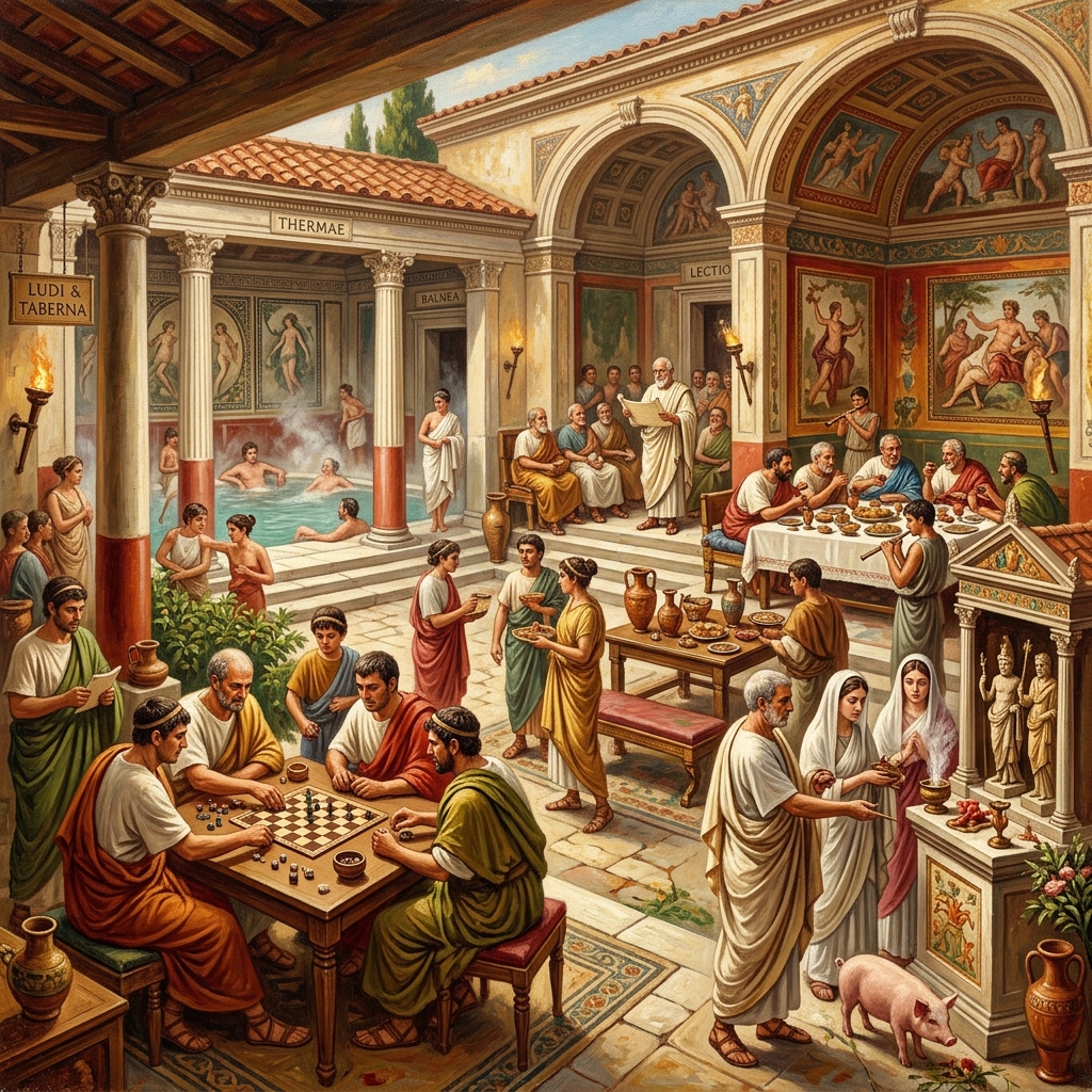 Gli antichi romani intenti a giocare a giochi da tavolo, a frequentare le terme e a partecipare a banchetti: le tipiche attività ricreative dei romani nella vita quotidiana