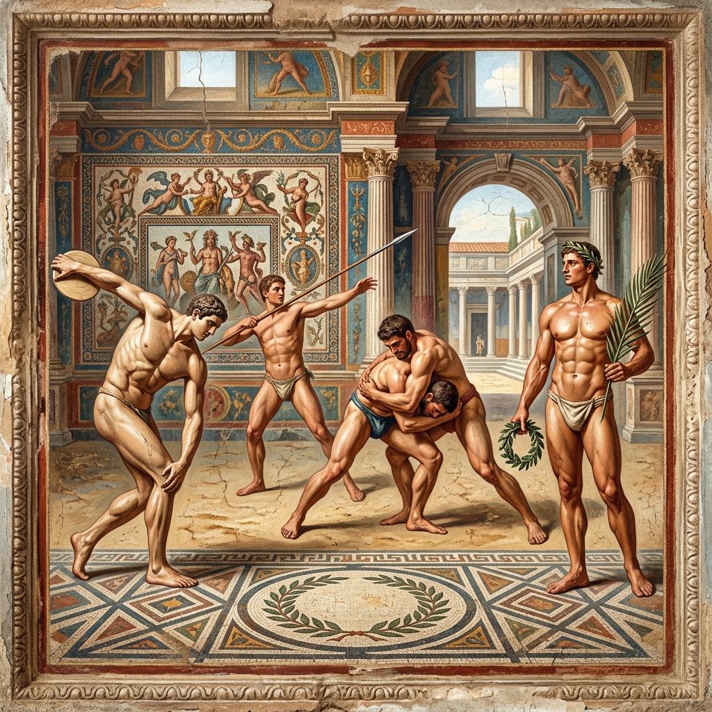 Antico mosaico romano raffigurante atleti – i corpi scolpiti come ideale del tempo libero dei romani