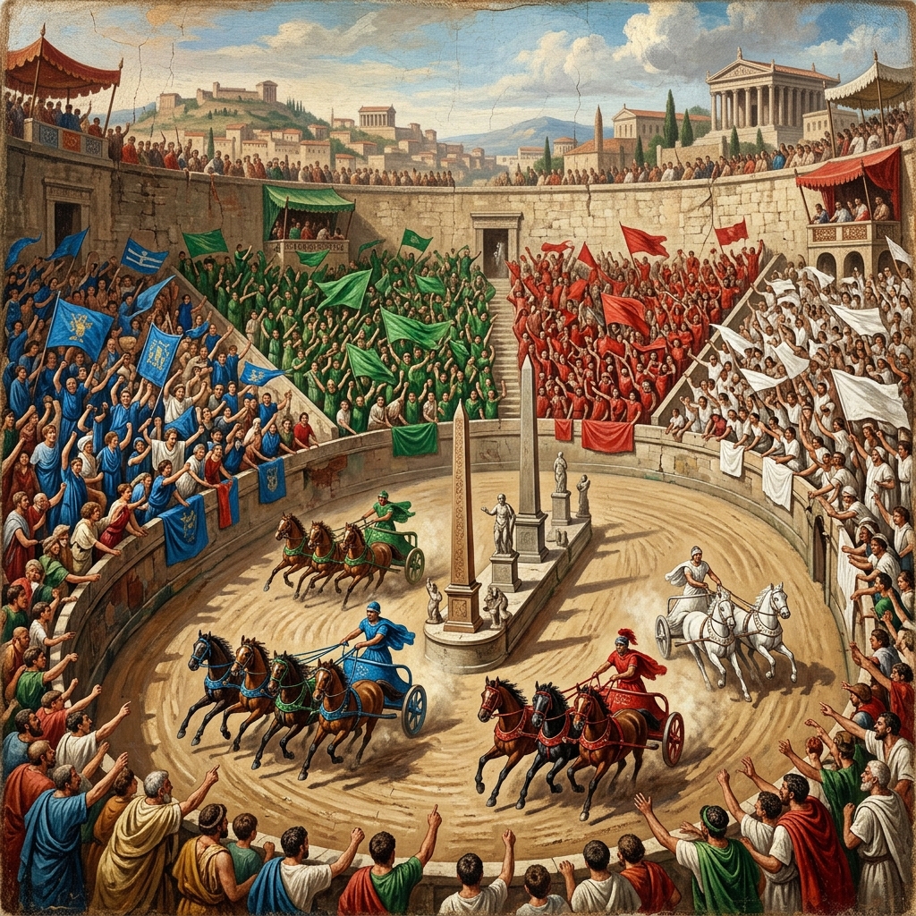 Il tempo libero dei romani: corse di bighe con tifoserie vestite di blu, verde, rosso e bianco