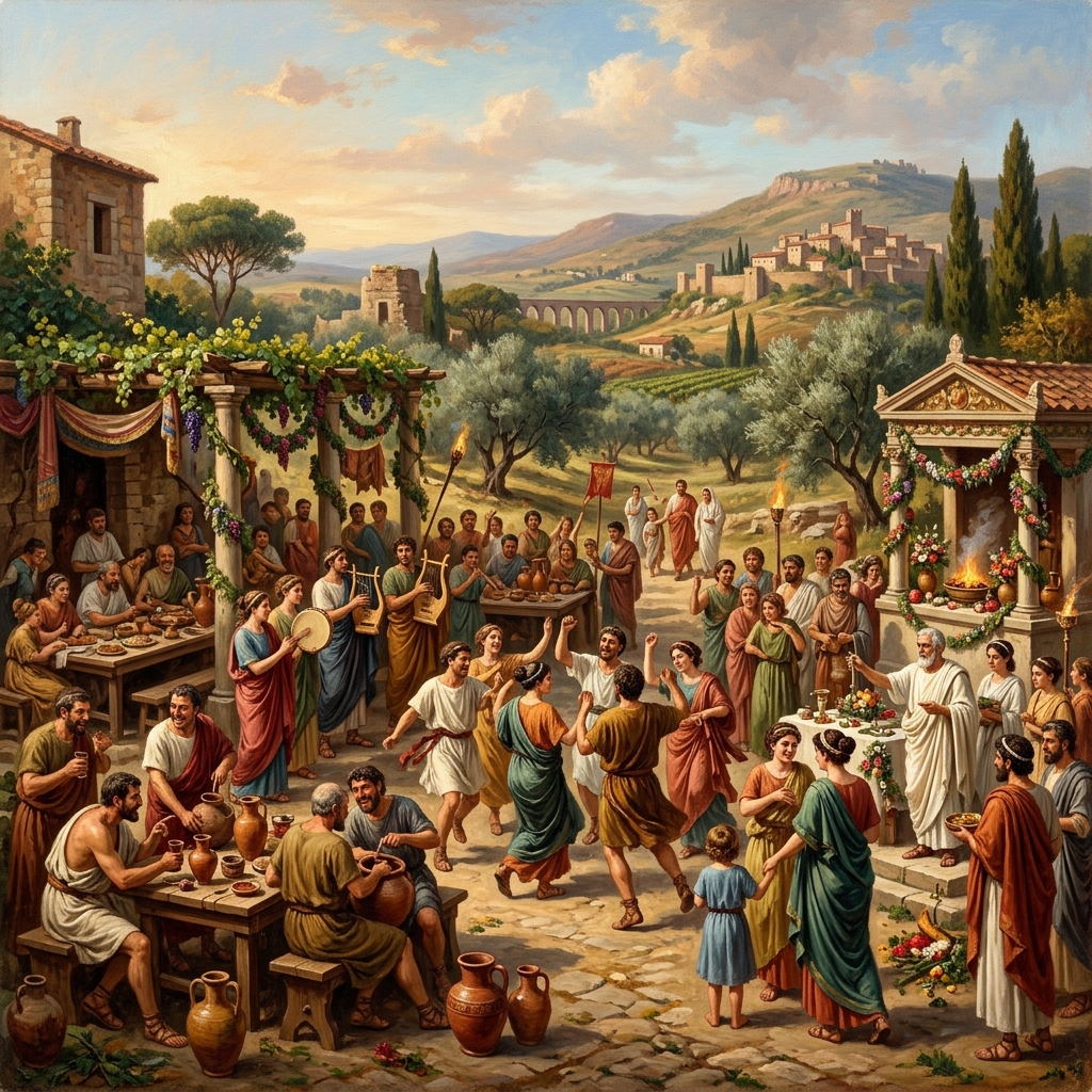 Festa rurale nell’antica Roma – Rappresentazione del tempo libero dei romani durante una festa popolare