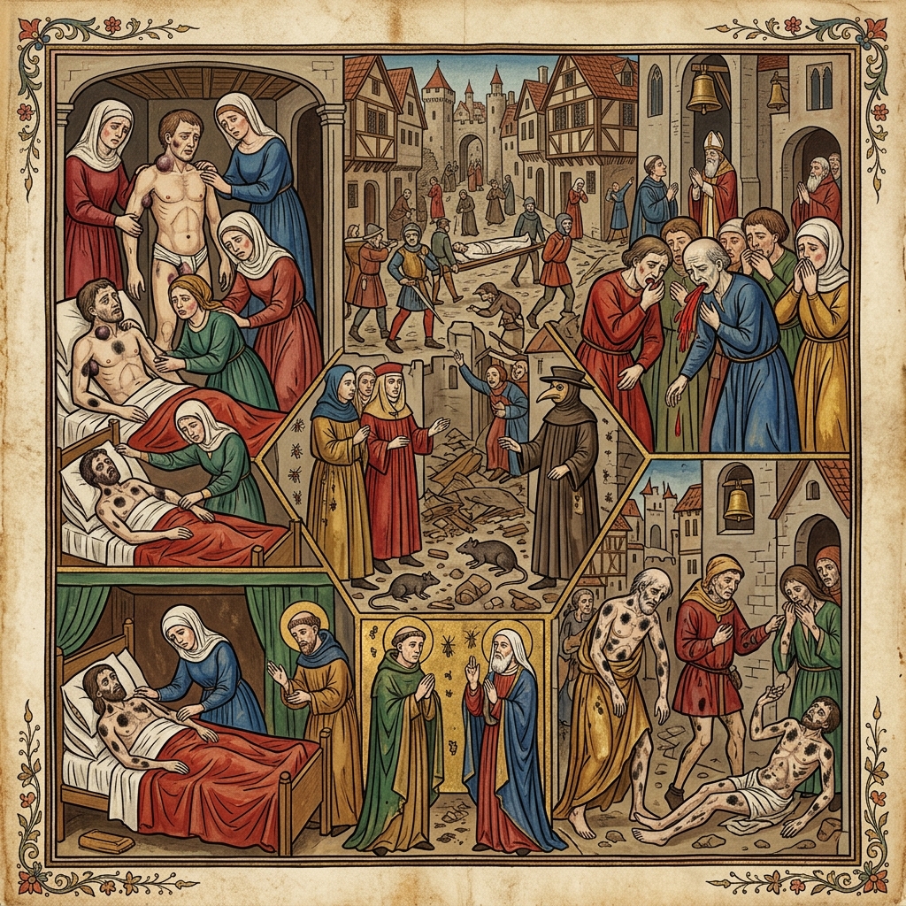 Rappresentazione medievale delle tre forme di peste: peste bubbonica, peste polmonare e sepsi da peste