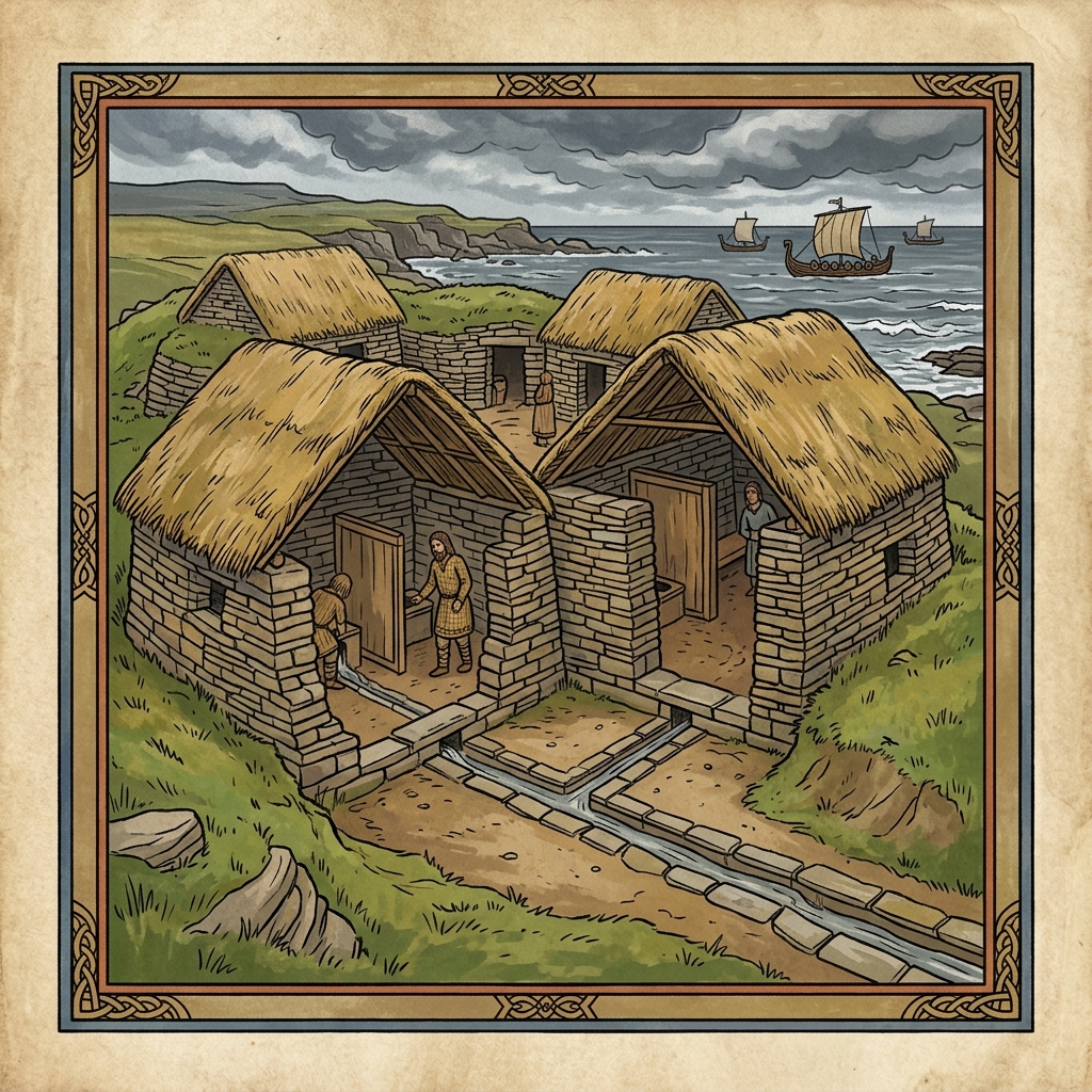 Una delle prime latrine a Skara Brae – rappresentazione dell’igiene e del sistema fognario nell’epoca vichinga
