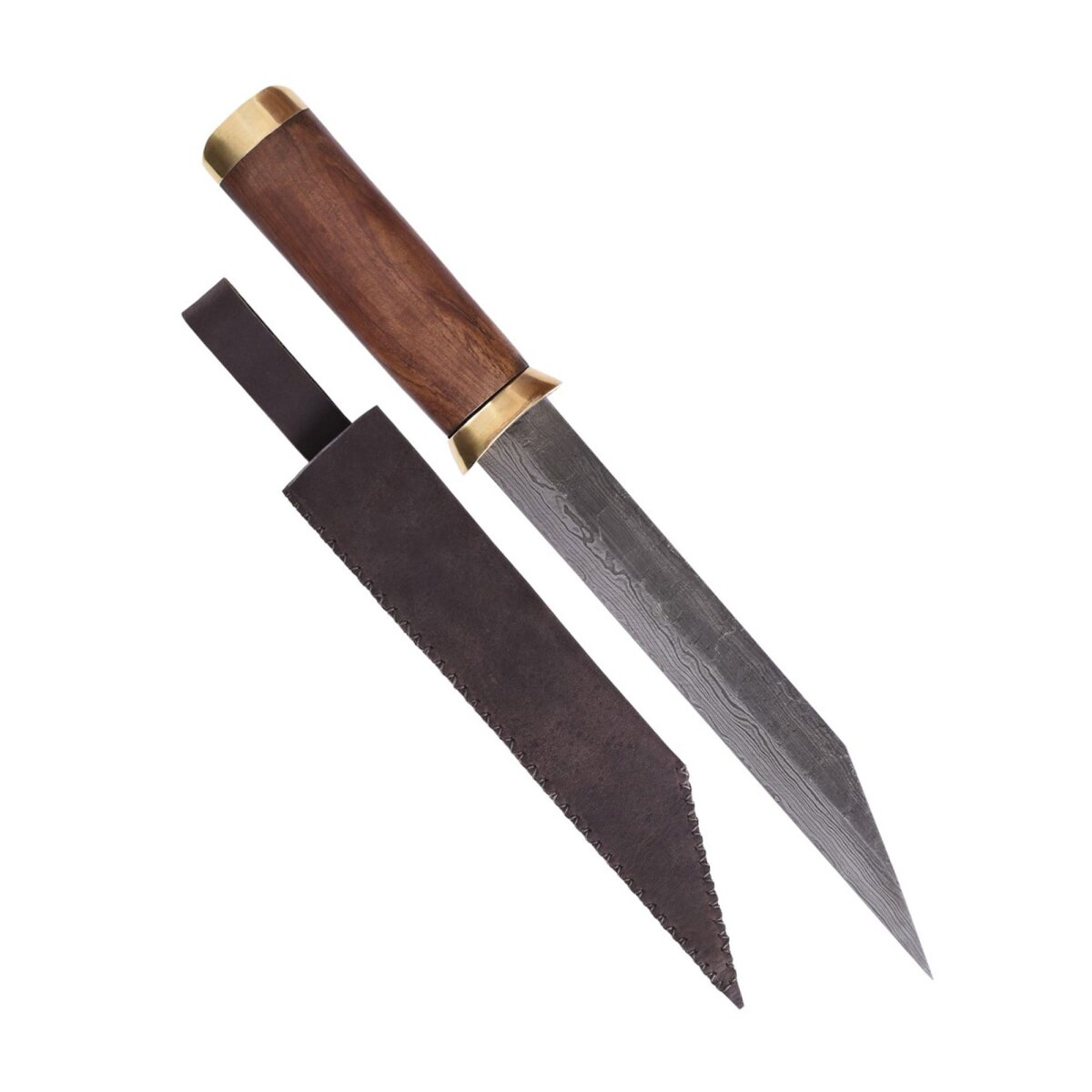 Seax Knife w/ Damascus steel blade & brown suede sheath