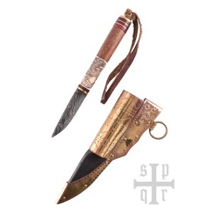 Coltello vichingo, acciaio Damasco, manico in legno/ossa con motivo a corvo