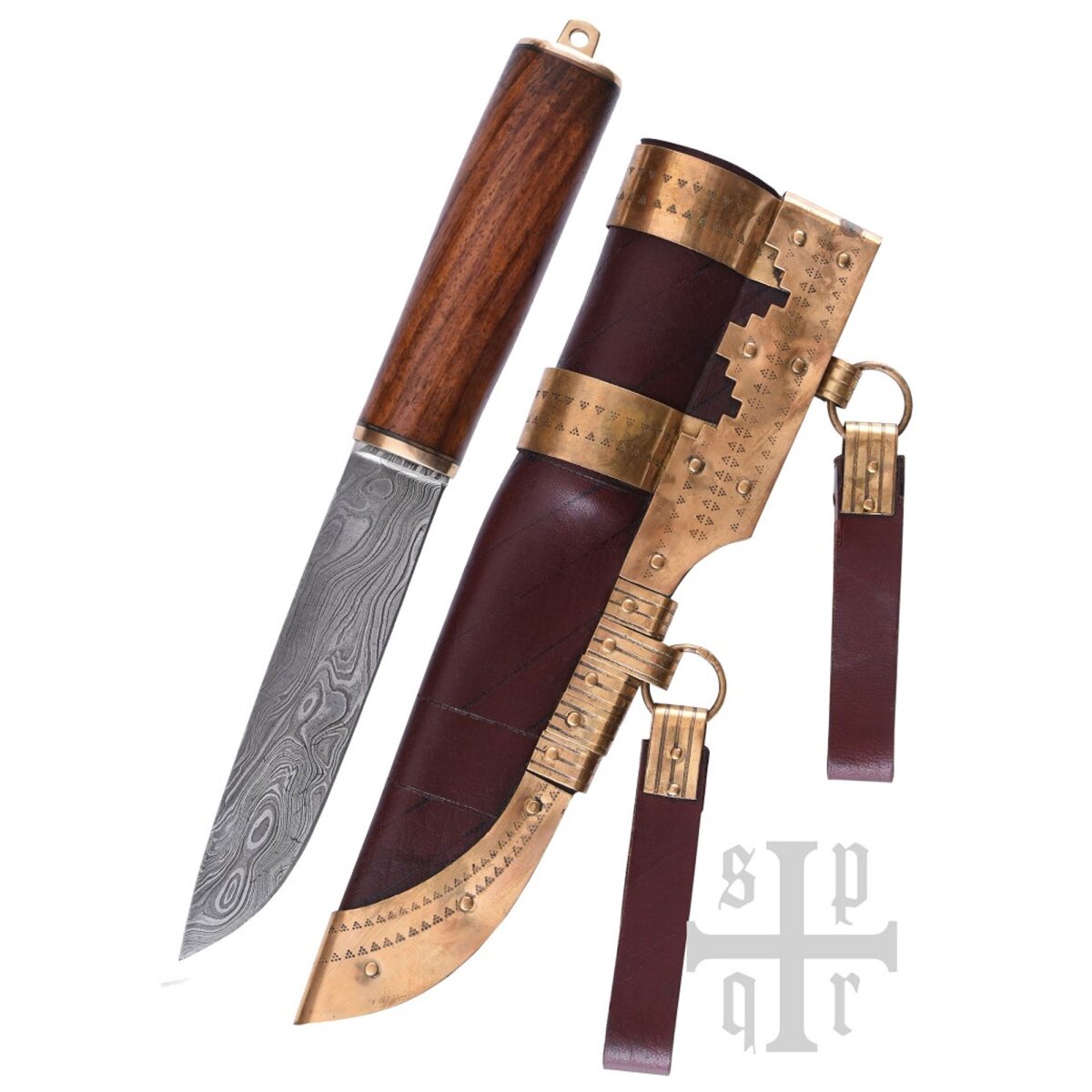 Coltello vichingo in acciaio Damasco con manico in legno