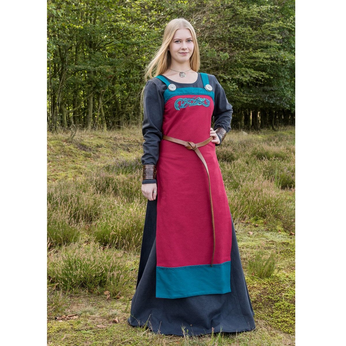 Viking apron dress embroidered red / green-blue