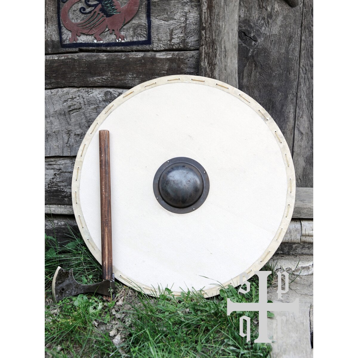 Bouclier rond viking en bois et toile, avec bosse en fer