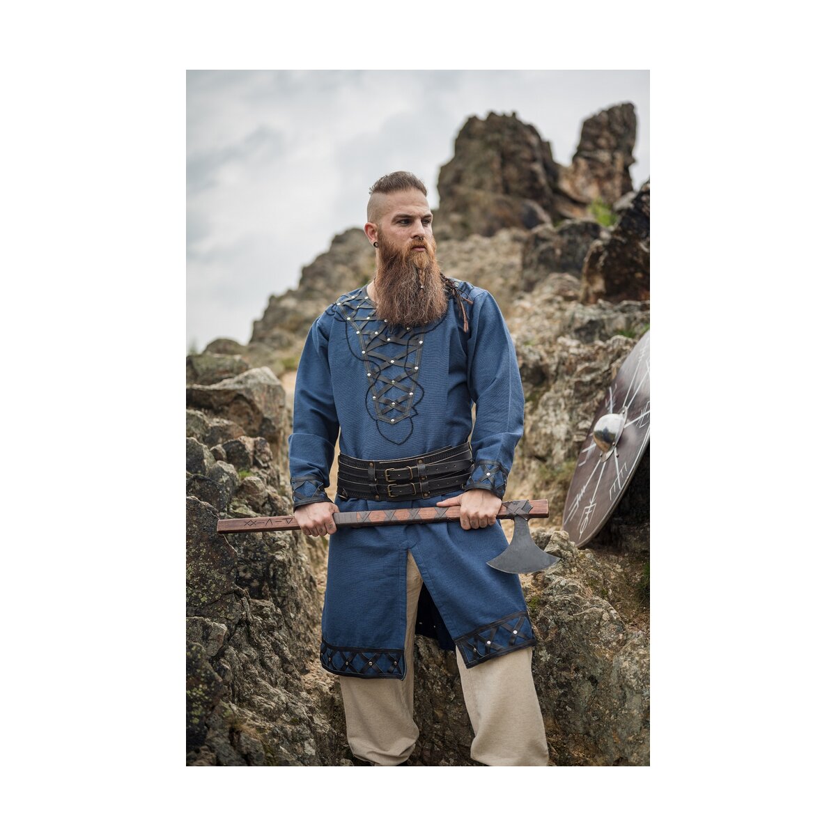 Viking tunic with genuine leather applications - dark blue