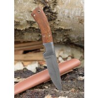 Coltello in damasco con manico in legno e fodero in cuoio