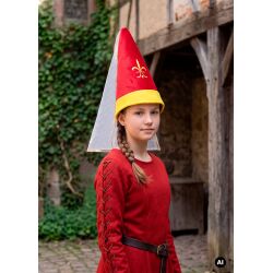 Cappello da damigella d’albergo rosso/giallo con velo