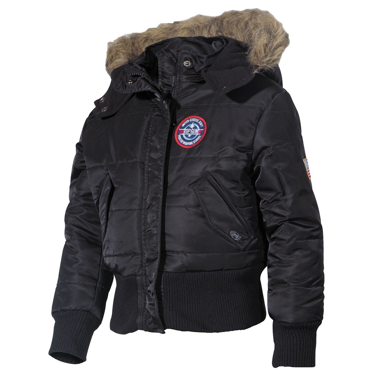 US Kinder-Polarjacke, N2B, schwarz, Kapuze mit Fellkragen