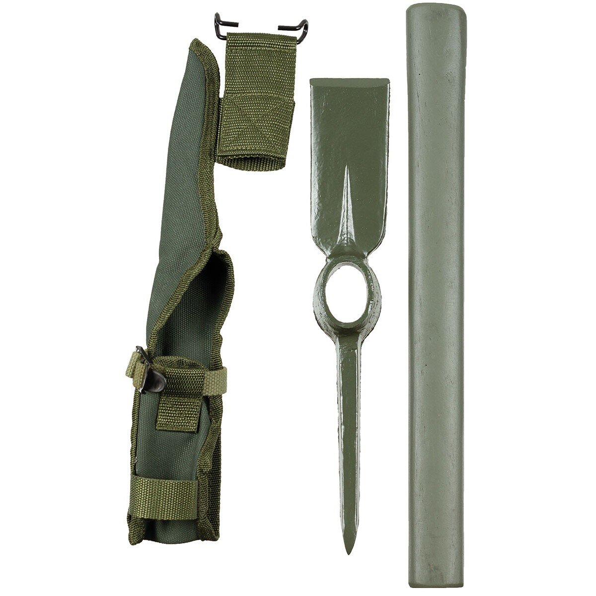 US Pick, metal, OD green, with wooden handle and cover