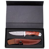 Coltello in damasco con intarsio in legno di cotogno rosso e fodero in pelle