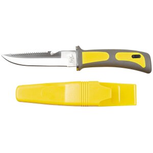 Coltello subacqueo, giallo-nero, manico in gomma, fodero