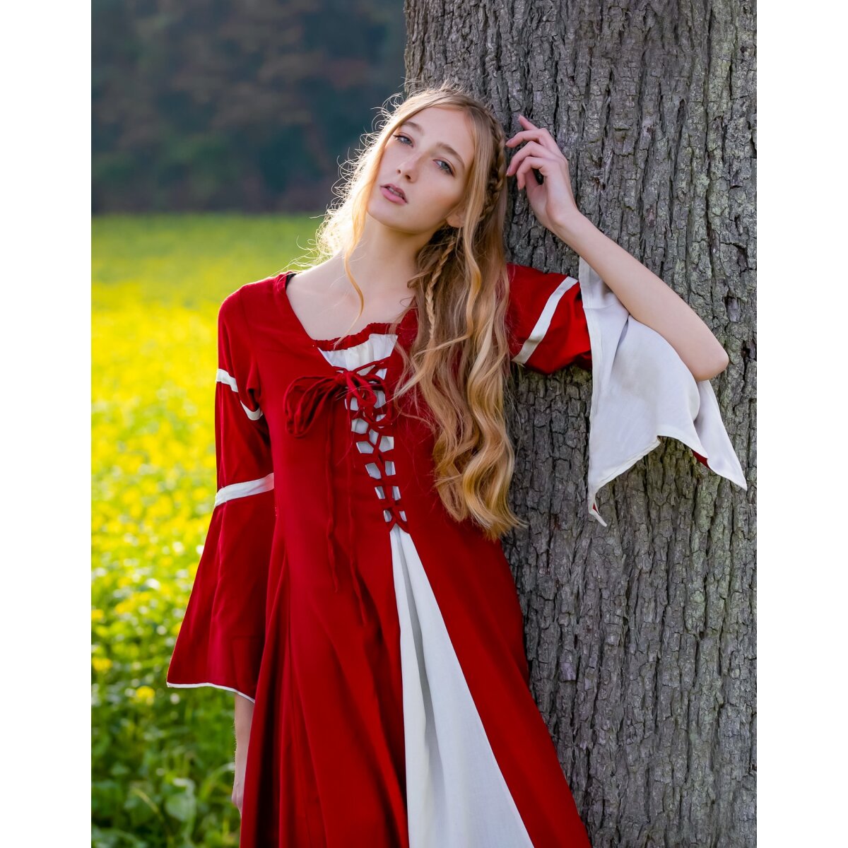 Kleid mit Trompetenärmeln Rot/Natur "Larissa"