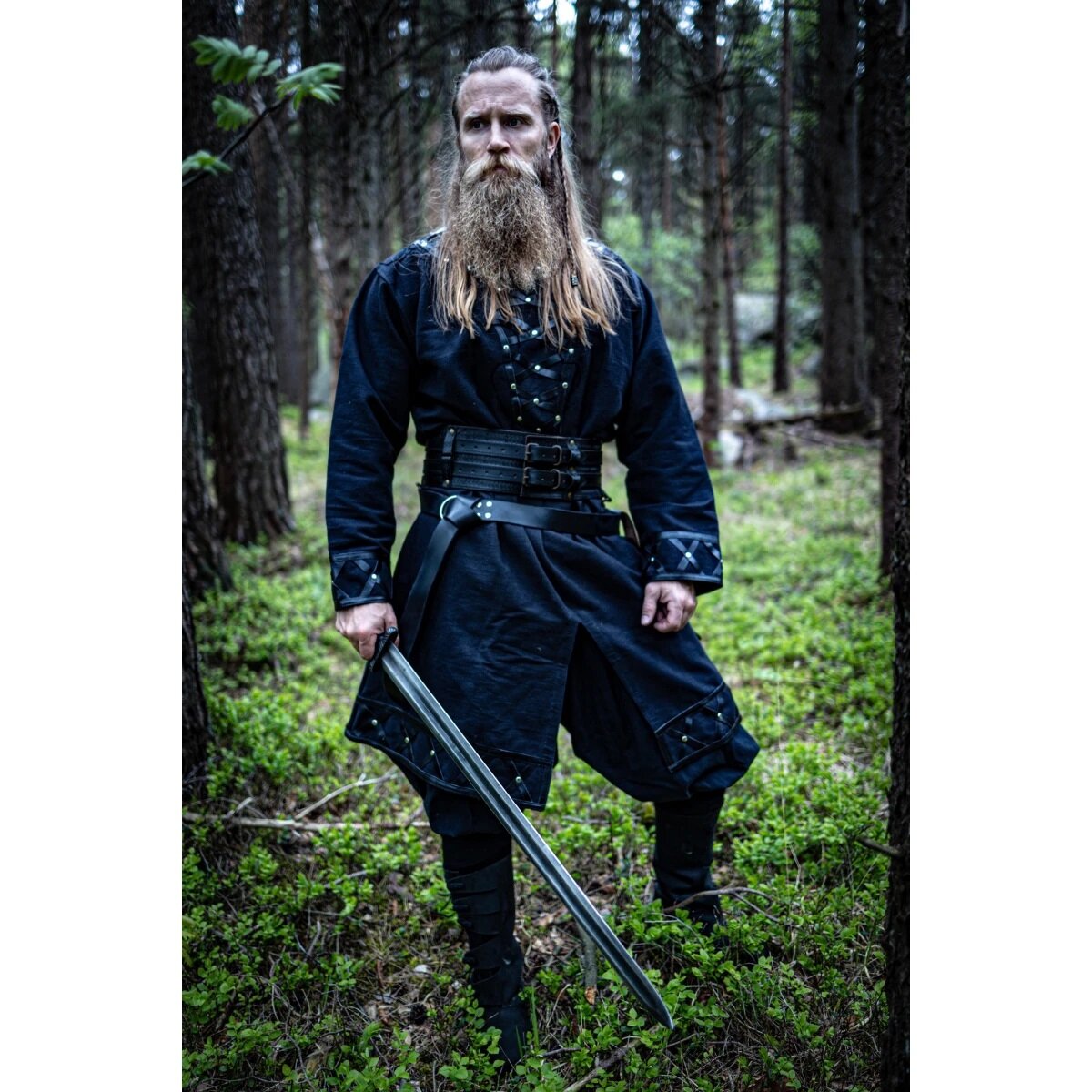 Viking tunic with genuine leather applications - black