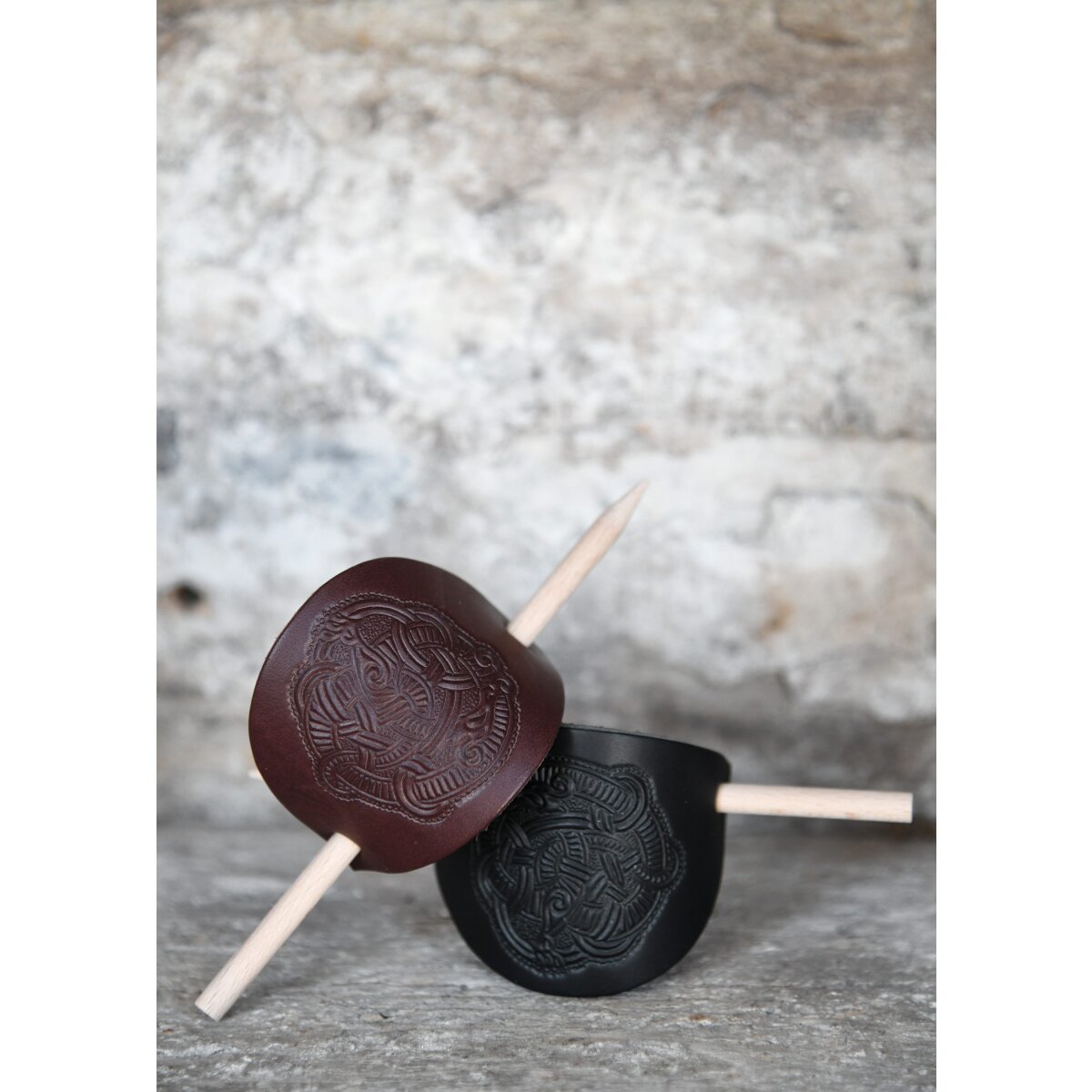 Small leather hair clip with Viking motive & wooden pin