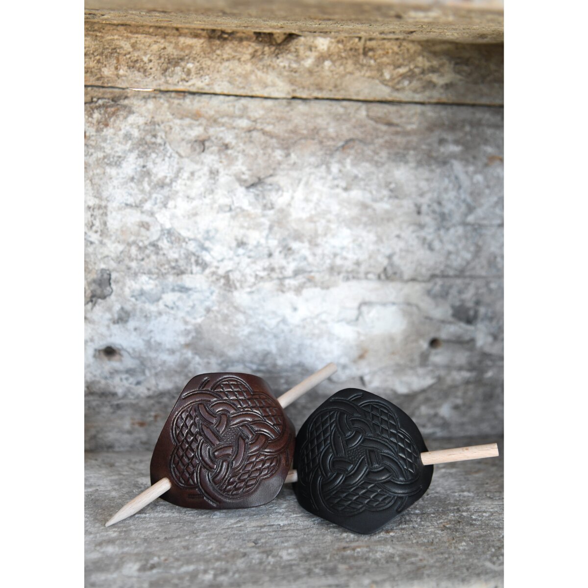 Small leather hair clip with knot pattern & wooden pin