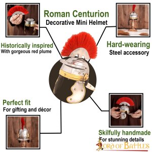 Mini elmo decorativo da centurione romano con pennacchio rosso e supporto in legno