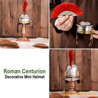 Mini elmo decorativo da centurione romano con pennacchio rosso e supporto in legno