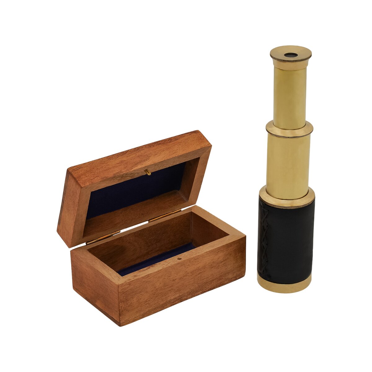 Mini Pure Brass Telescope with Small Wooden Chest Box