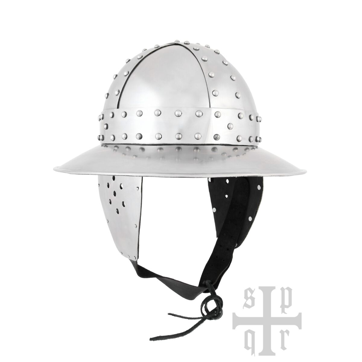 Cappello in ferro con chiusure e alette per le guance, elmo 