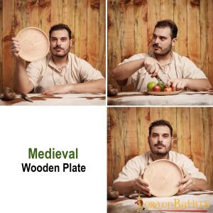 Piatto medievale in legno massiccio, diametro di circa 23 cm, articolo di seconda scelta