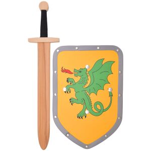 Set di spada e scudo in legno per bambini con motivo a drago