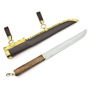 Coltello vichingo da sassoio con fodero in pelle tempestato di ottone proveniente da Gotland