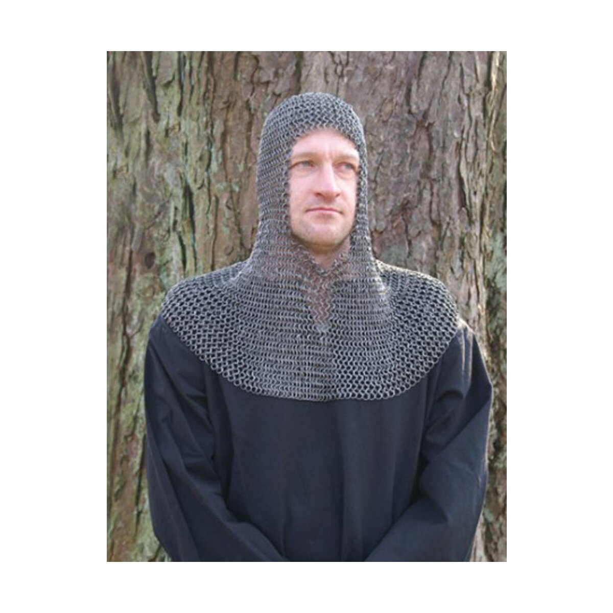 Chainmail coif made of spring steel, unriveted round...