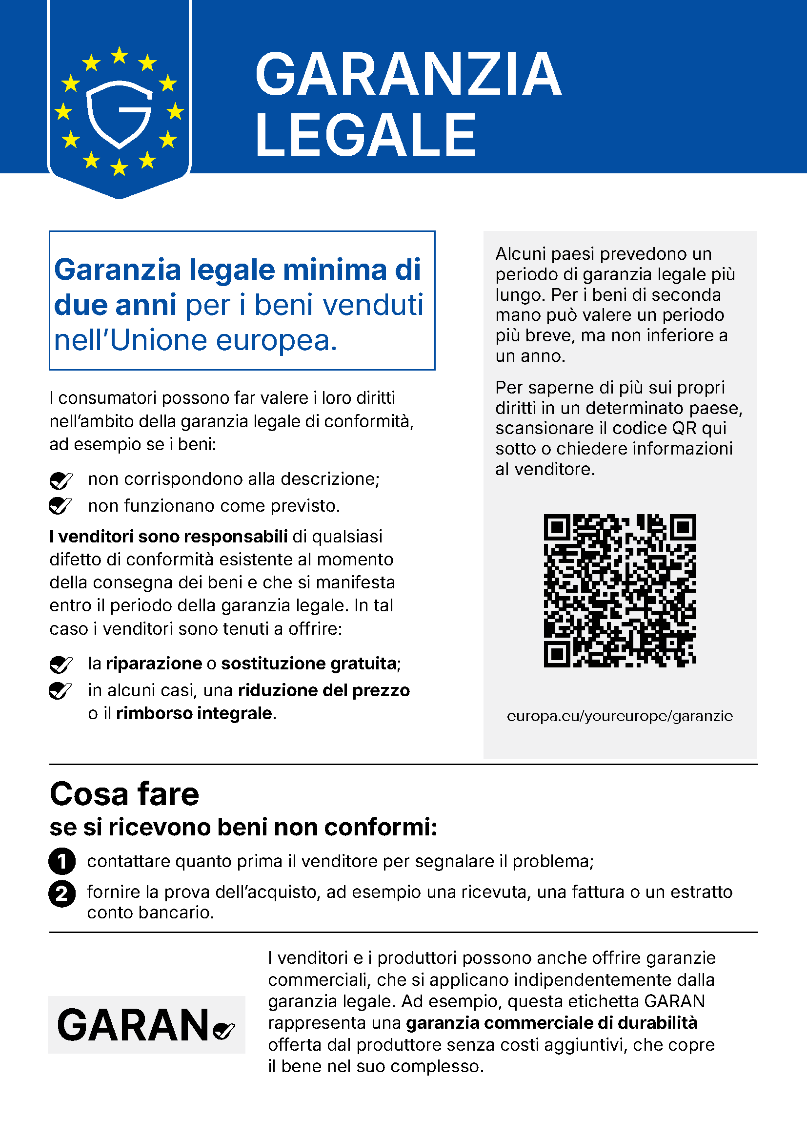 Avviso ufficiale dell’UE sulla garanzia legale: garanzia legale minima di due anni per i beni venduti nell’Unione europea.